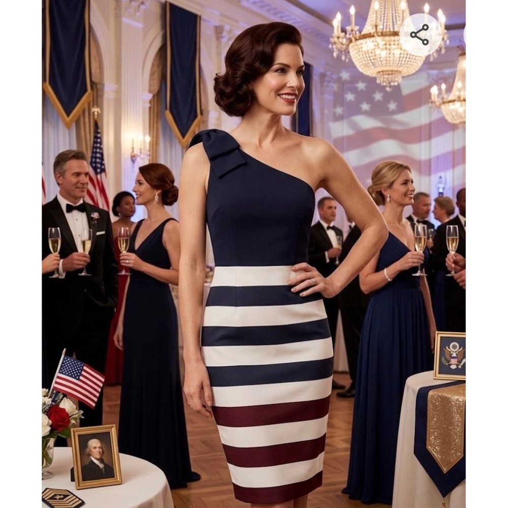 Ted Baker Hilila One Shoulder Bow Striped Sheath Dress Navy White Maroon  Size 2